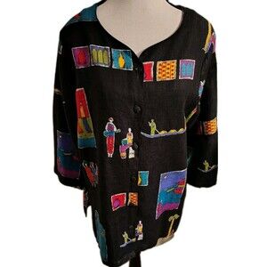 Hot Cotton Blouse Size S Button Artsy Look 100% Linen 3/4 Sleeve USA